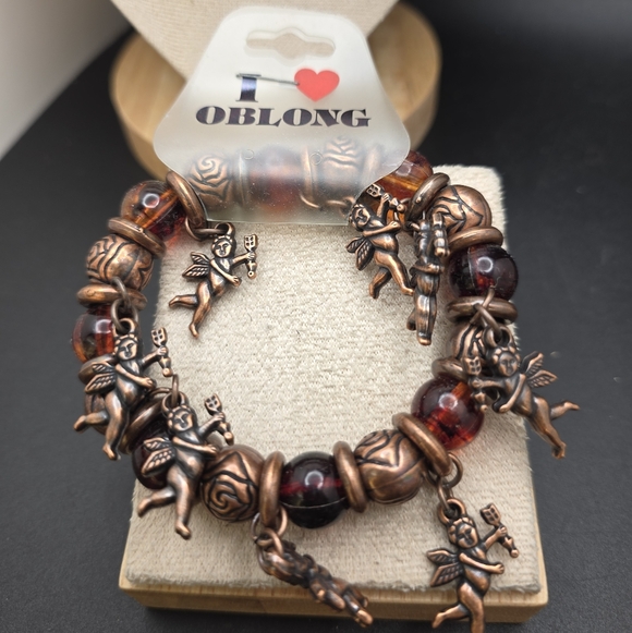 i love oblong Jewelry - Copper and Red Beaded Charm Bracelet (2323)